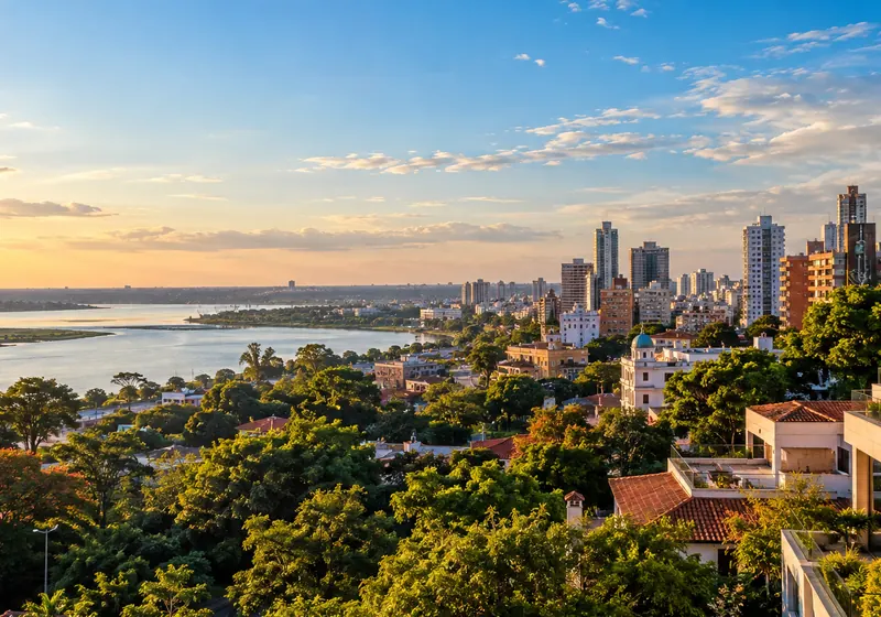Ilustração de panorama urbano com rio e vegetação
