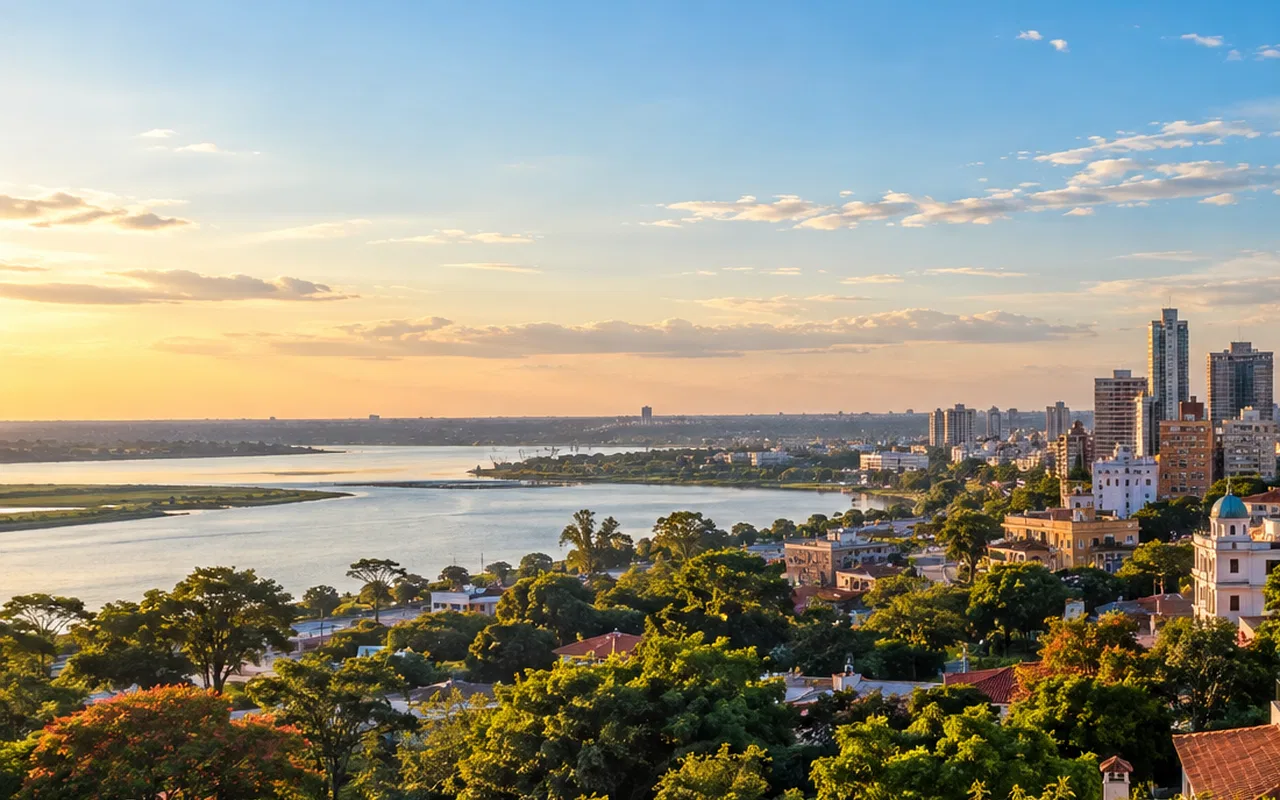 Ilustração editorial de panorama de rio, vegetação e cidade, contextualizando o guia seu plano de morar no paraguai começa com orientação no brasil..